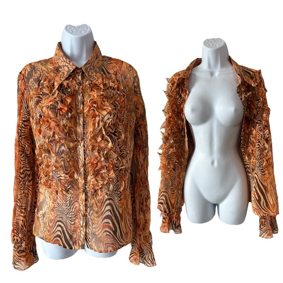 Y2K Sheer Fringe Mix Animal Print Button Down Top With Flare Sleeve Detail Sz L - Picture 1 of 8